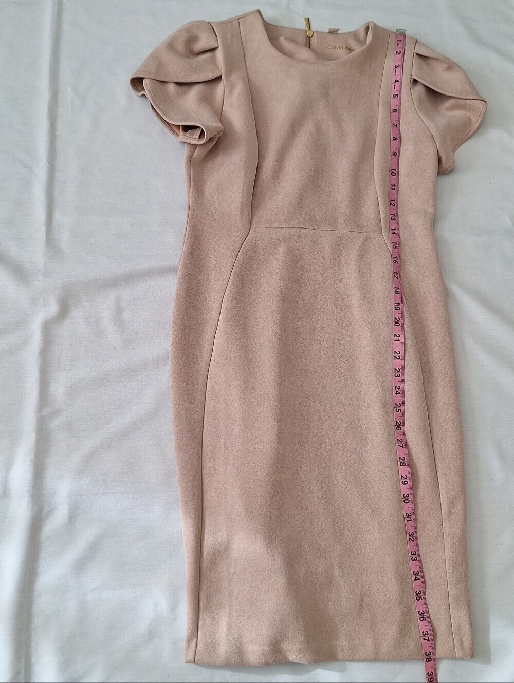 Calvin Klein Blush Pink Midi Sheath Dress with Structured Puff Sleeves - Picture 3 of 8
